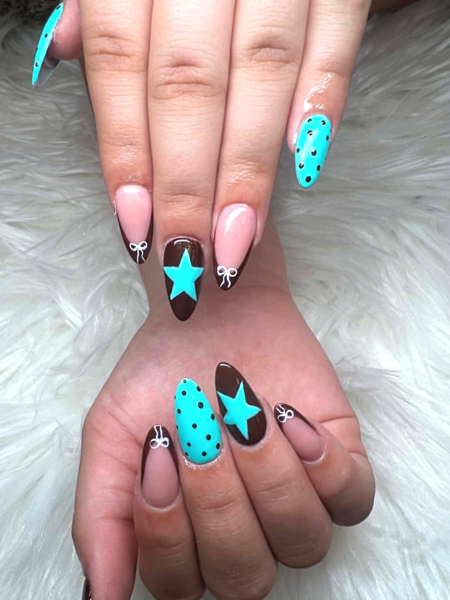 Espresso brown almond nails with mint star and polka-dot art